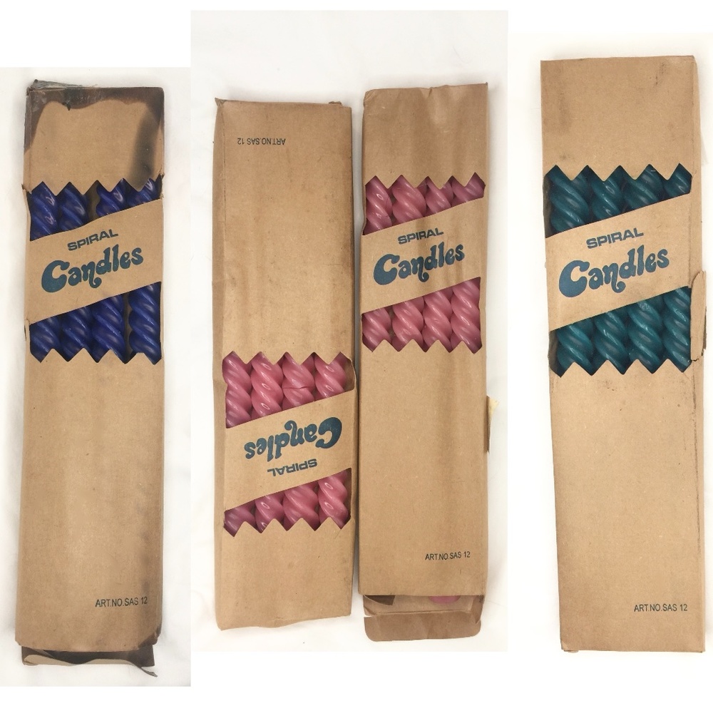 4 vintage spiral taper candlesticks different colors teal pink blue